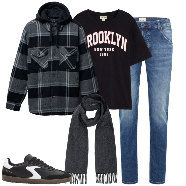 Outfit uomo - Fall. Stile Casual per Tutti i giorni. Abbinamento con t-shirt, sneakers, jeans dritti, giacche, sciarpe.