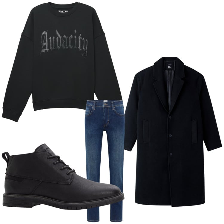 Outfit uomo - Stile rock. Stile Trendy per Tutti i giorni. Abbinamento con jeans dritti, stivali e stivaletti, cappotti, felpe.