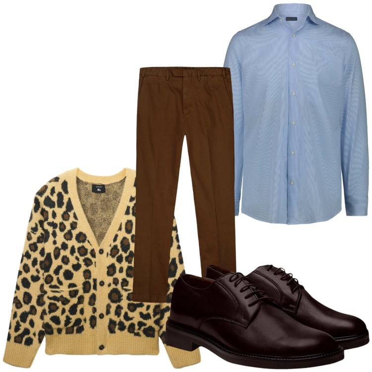Outfit uomo - Tigrato. Stile Trendy per Tutti i giorni. Abbinamento con cardigans, scarpe stringate, pantaloni, camicie.