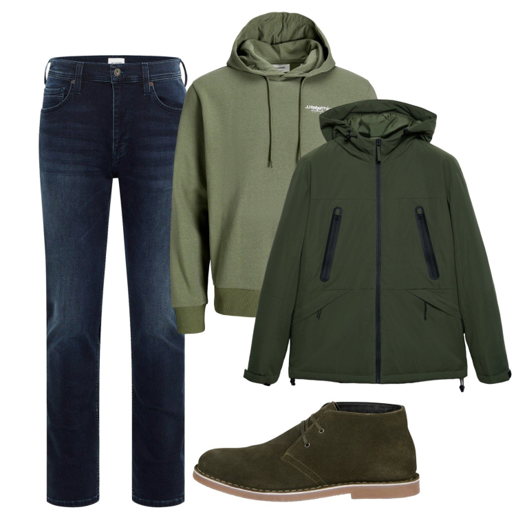 Outfit uomo - Verso il freddo. Stile Casual per Tutti i giorni. Abbinamento con jeans slim fit, felpe con cappuccio, giacche, stivali e stivaletti.
