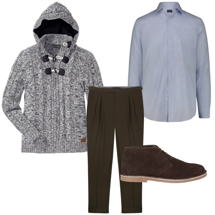 Outfit uomo - La maglia melange. Stile Trendy per Tutti i giorni. Abbinamento con maglieria, camicie, stivali e stivaletti, pantaloni.