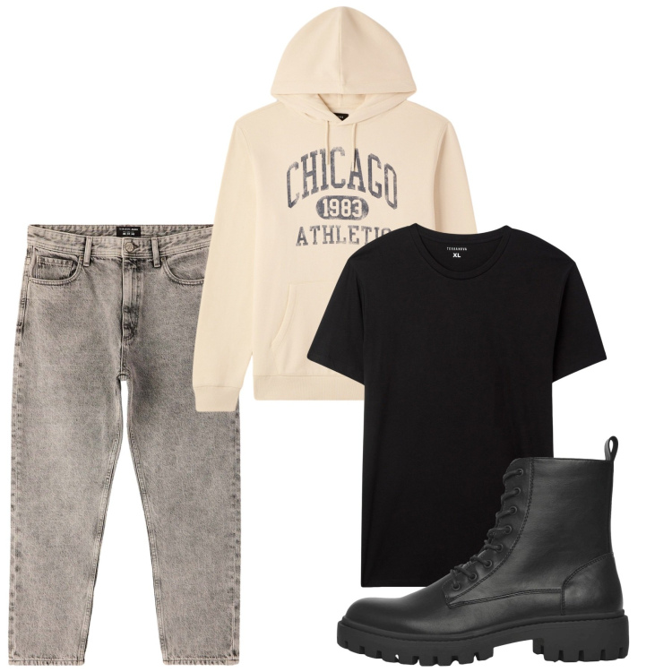 Outfit uomo - Fall. Stile Casual per Tutti i giorni. Abbinamento con t-shirt, anfibi, jeans dritti, felpe con cappuccio.