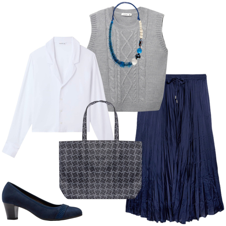 Outfit donna - Total look #2254891. Stile Minimal per Ufficio. Abbinamento con décolleté, camicie, maglieria, shopping bag, collane, gonne lunghe.