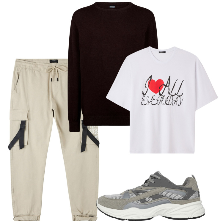Outfit uomo - Urban fall. Stile Urban per Tutti i giorni. Abbinamento con pantaloni cargo, sneakers, t-shirt, maglieria.