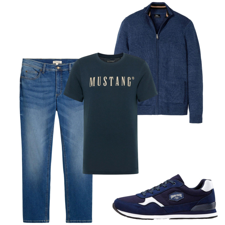 Outfit uomo - Tutto blu. Stile Casual per Tutti i giorni. Abbinamento con jeans dritti, cardigans, sneakers, t-shirt.