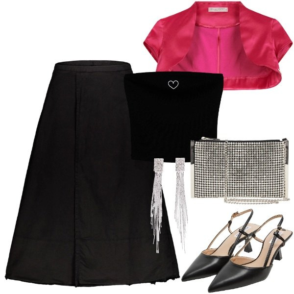 Outfit donna - Brillare a teatro. Stile Glamour per Serata fuori. Abbinamento con orecchini, sabot, top, bolero, pochette, gonne lunghe.