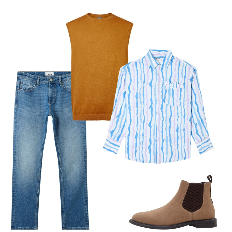 Outfit uomo - Settembre. Stile Casual per Tutti i giorni. Abbinamento con stivali e stivaletti, jeans, camicie, gilet.
