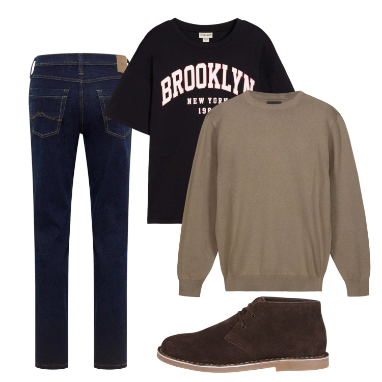Outfit uomo - Settembre. Stile Casual per Tutti i giorni. Abbinamento con t-shirt, jeans dritti, maglieria, stivali e stivaletti.