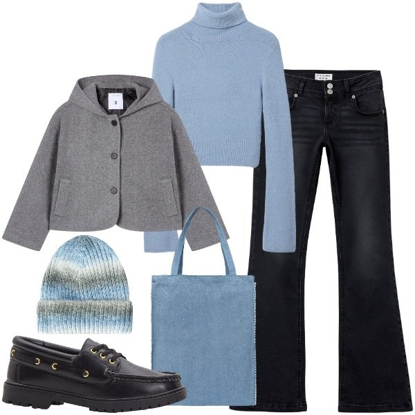 Outfit donna - Un tocco di celeste. Stile Casual chic per Scuola/Università. Abbinamento con mocassini, borse tote, jeans a zampa, maglieria, berretti, caban.