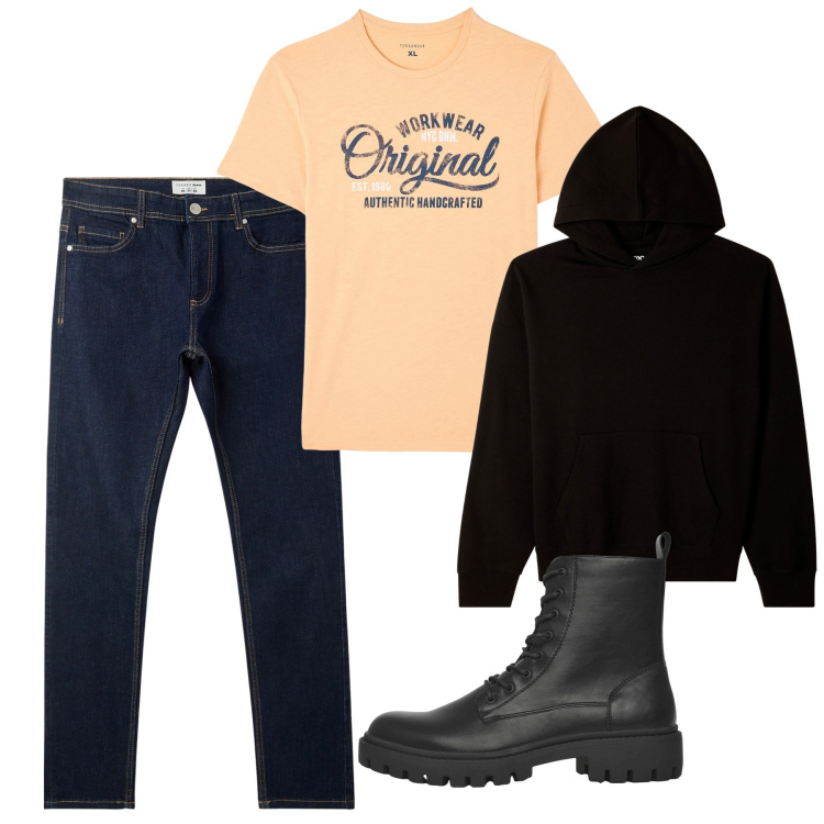 Outfit uomo - In città. Stile Urban per Tutti i giorni. Abbinamento con jeans skinny, anfibi, felpe con cappuccio, t-shirt.