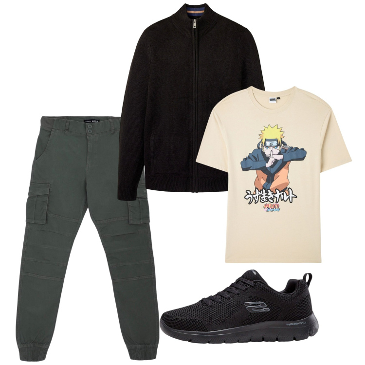 Outfit uomo - Settembre. Stile Casual per Tutti i giorni. Abbinamento con sneakers, cardigans, t-shirt, pantaloni cargo.