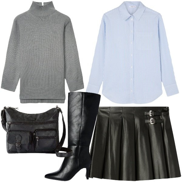 Outfit donna - Bon ton un po\' trasgressivo. Stile Bon Ton per Tutti i giorni. Abbinamento con borse a tracolla, minigonne, maglieria, camicie, stivali sopra il ginocchio.