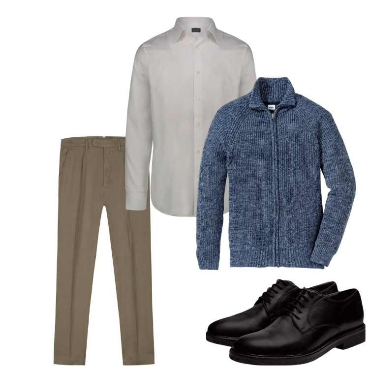 Outfit uomo - Casual curato. Stile Casual per Tutti i giorni. Abbinamento con cardigans, scarpe stringate, camicie, pantaloni.