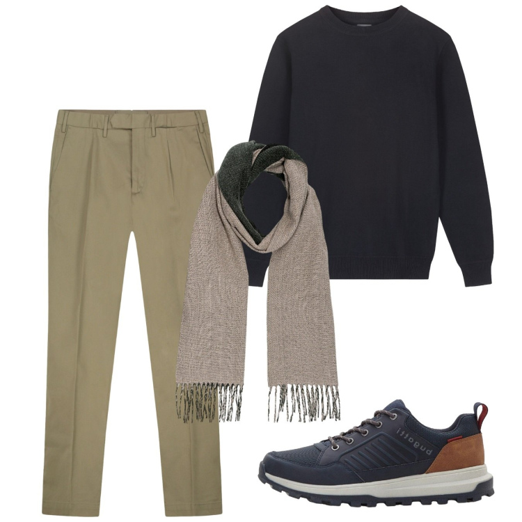 Outfit uomo - Set. Stile Casual per Tutti i giorni. Abbinamento con sneakers, maglieria, sciarpe, pantaloni.