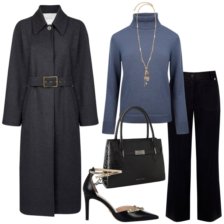 Outfit donna - Total look #2254934. Stile Chic per Serata fuori. Abbinamento con borse a mano, pantaloni, décolleté, maglieria, cappotti, ciondoli.