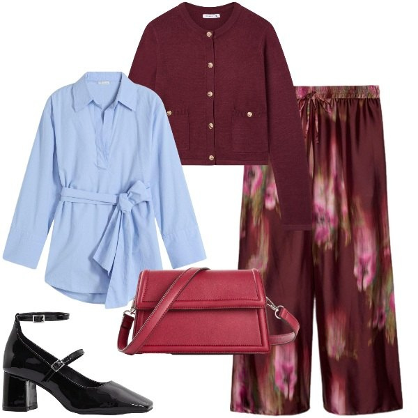Outfit donna - Ufficio ottobre. Stile Bon Ton per Ufficio. Abbinamento con borse a tracolla, camicie, décolleté, cardigans, pantaloni a palazzo.