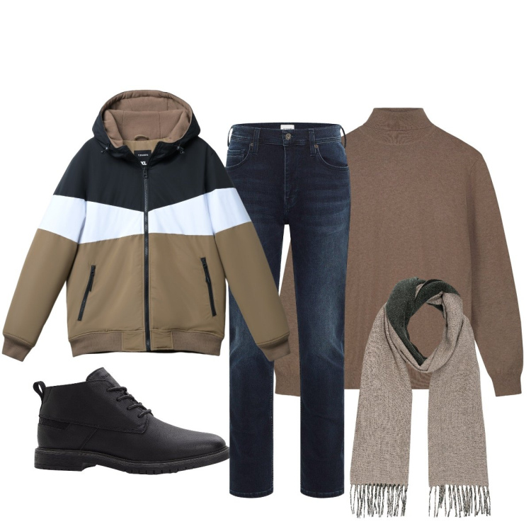 Outfit uomo - Total look #2254949. Stile Casual per Tutti i giorni. Abbinamento con jeans slim fit, stivali e stivaletti, piumini, maglieria, sciarpe.