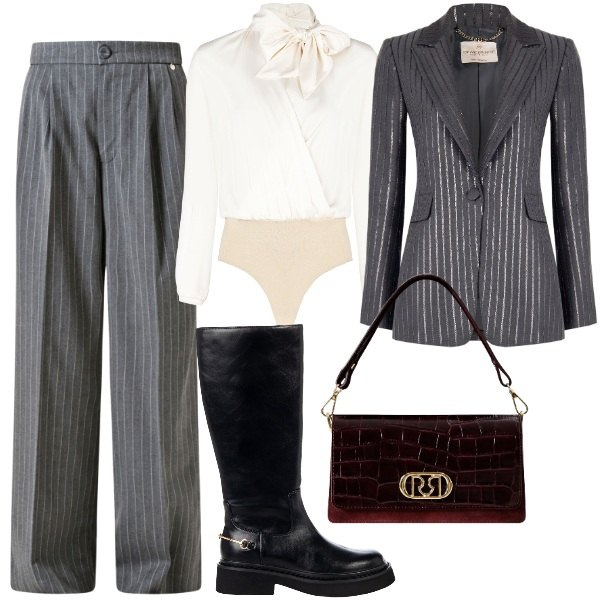 Outfit donna - Camicia body sempre perfetta. Stile Trendy per Ufficio. Abbinamento con blazer, pantaloni, bluse, borse a mano, stivali sopra il ginocchio.