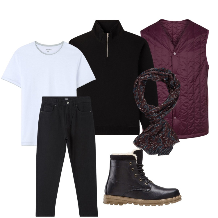 Outfit uomo - Total look #2254962. Stile Casual per Tutti i giorni. Abbinamento con stivali e stivaletti, pantaloni, t-shirt, felpe, piumini, sciarpe.