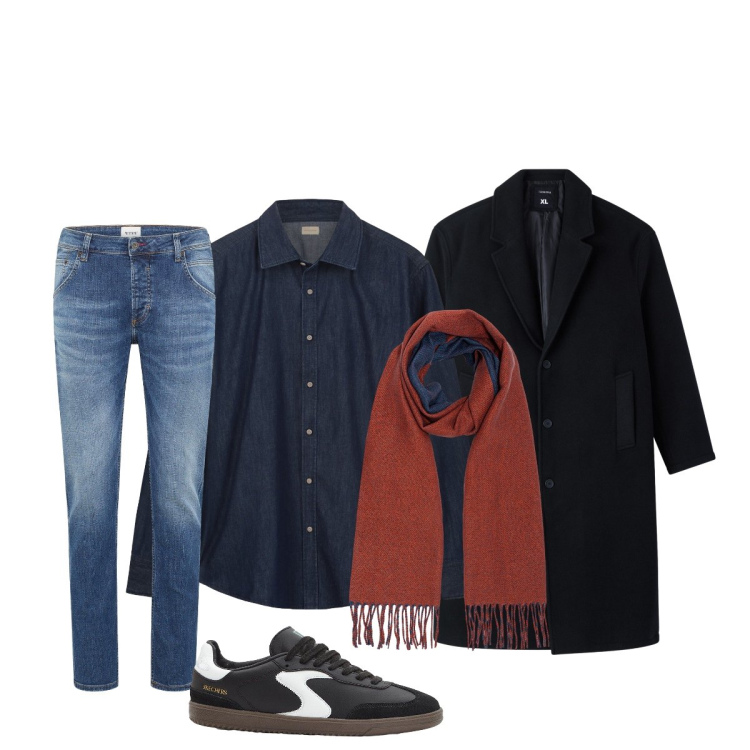 Outfit uomo - Total look #2254972. Stile Casual per Ufficio. Abbinamento con sneakers, jeans dritti, cappotti, sciarpe, camicie.