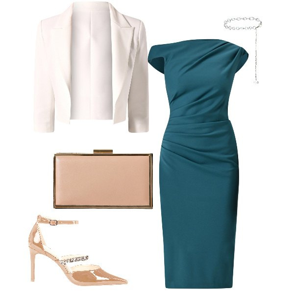 Outfit donna - Cerimonia elegante. Stile Glamour per Cerimonia. Abbinamento con vestiti a tubino, blazer, pochette, décolleté, cinture.