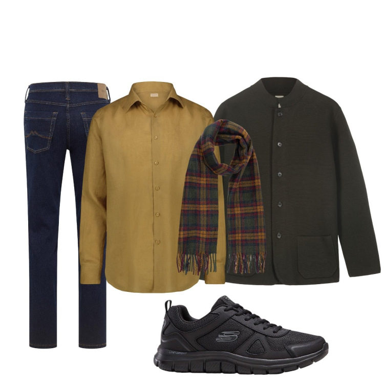 Outfit uomo - Total look #2254976. Stile Casual per Ufficio. Abbinamento con sneakers, jeans dritti, camicie, giacche, sciarpe.