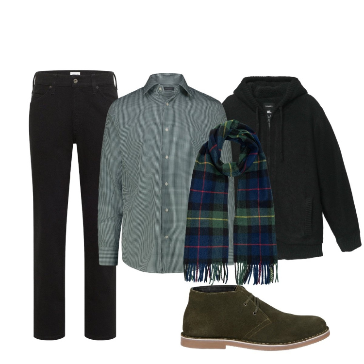 Outfit uomo - Total look #2254980. Stile Casual per Tutti i giorni. Abbinamento con jeans dritti, felpe con cappuccio, stivali e stivaletti, camicie, sciarpe.