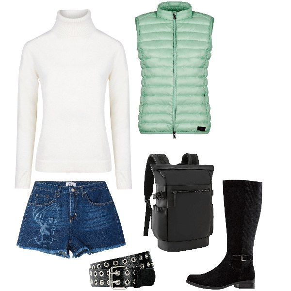 Outfit donna - Pomeriggio d\'autunno. Stile Trendy per Tutti i giorni. Abbinamento con cinture, stivali, zaini, piumini, maglieria, shorts.