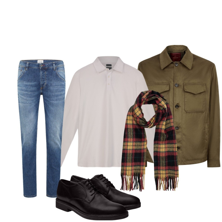 Outfit uomo - Total look #2254996. Stile Casual per Tutti i giorni. Abbinamento con jeans dritti, scarpe stringate, giacche, polo, sciarpe.