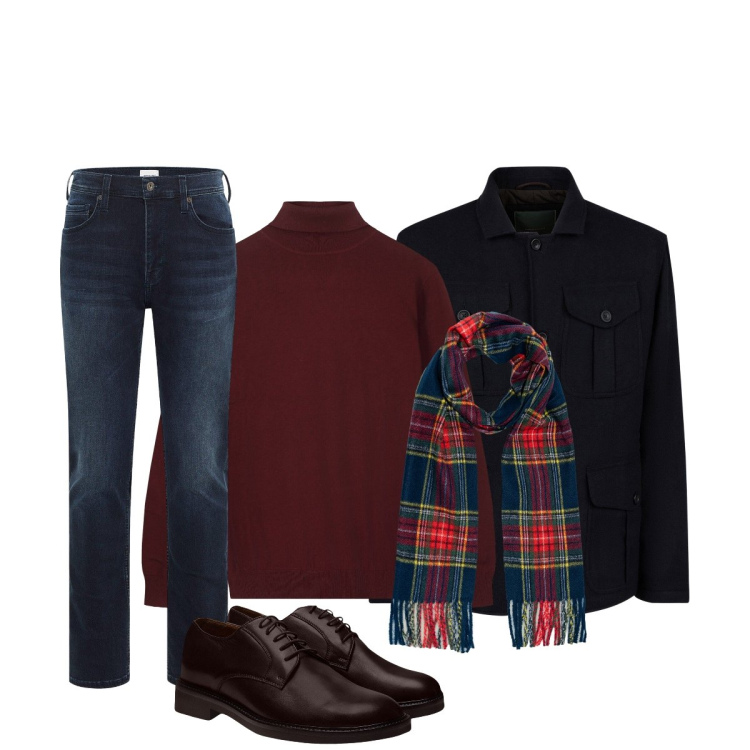 Outfit uomo - Total look #2255009. Stile Trendy per Ufficio. Abbinamento con jeans slim fit, maglieria, giacche, scarpe stringate, sciarpe.
