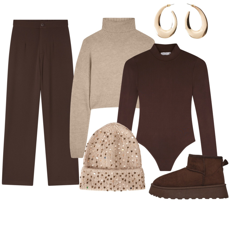 Outfit donna - Winter Brown. Stile Casual per Tutti i giorni. Abbinamento con orecchini, body, pantaloni, berretti, maglieria, stivaletti.