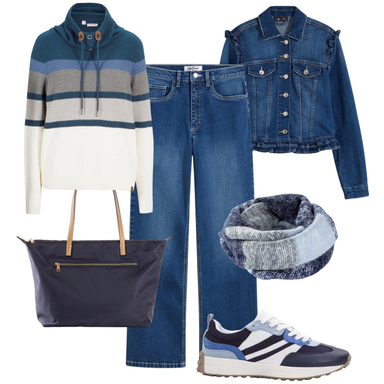 Outfit donna - Sportiva in blu. Stile Casual per Tutti i giorni. Abbinamento con maglieria, foulard, jeans, blazer, shopping bag, sneakers.