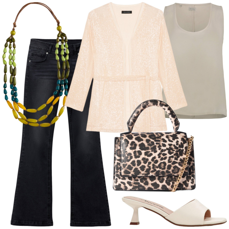 Outfit donna - Uscita serale. Stile Casual chic per Serata fuori. Abbinamento con ciabatte, borse a tracolla, jeans a zampa, top, blazer, collane.