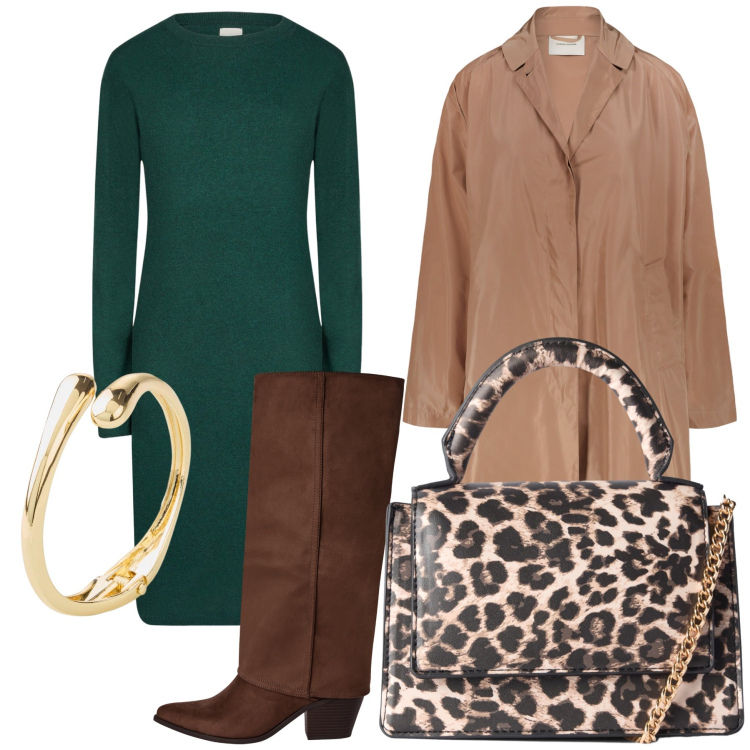 Outfit donna - Abito verde per l ufficio. Stile Urban per Ufficio. Abbinamento con braccialetti, borse a tracolla, stivali sopra il ginocchio, trench, vestiti midi/longuette.
