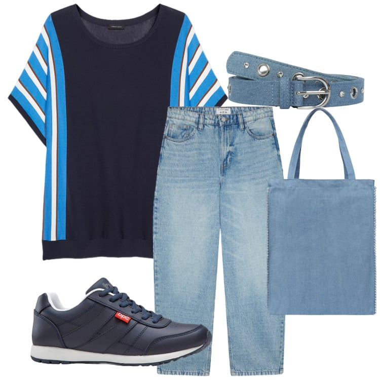 Outfit donna - Con i jeans. Stile Sporty chic per Tutti i giorni. Abbinamento con sneakers, jeans, borse tote, cinture, maglieria.