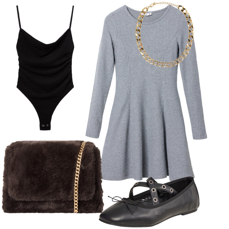 Outfit donna - Borsa pellicciosa per una pizza fuori. Stile Trendy per Serata fuori. Abbinamento con ballerine, collane, vestiti corti, borse a tracolla, body.
