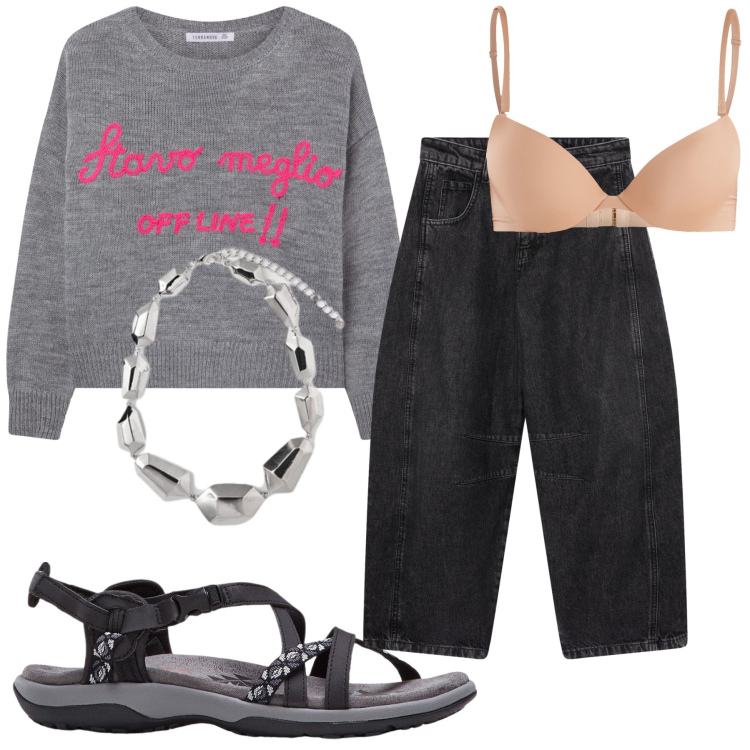 Outfit donna - Smartworking comodo e a posto. Stile Sporty chic per Tutti i giorni. Abbinamento con sandali, jeans, maglieria, reggiseni push-up, ciondoli.