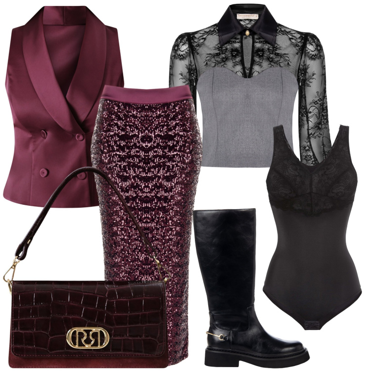 Outfit donna - Serata importante. Stile Glamour per Serata fuori. Abbinamento con body, bluse, gilet, borse a mano, stivali sopra il ginocchio, gonne longuette.