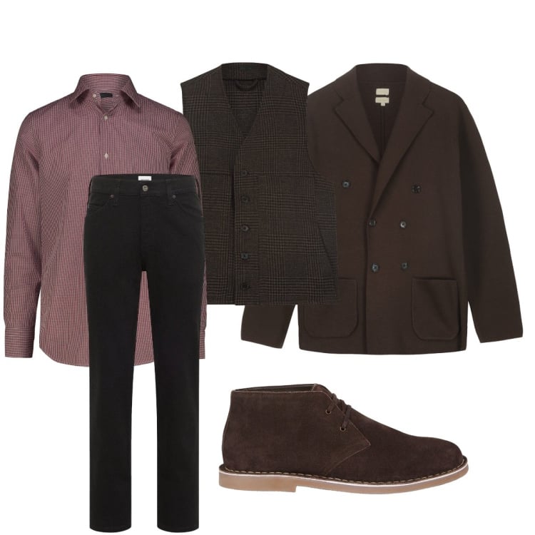 Outfit uomo - Total look #2255037. Stile Casual per Ufficio. Abbinamento con jeans dritti, stivali e stivaletti, giacche, camicie, gilet.