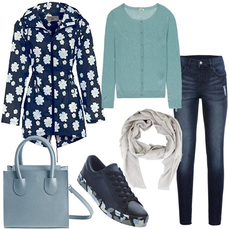 Outfit donna - Aspettando la primavera. Stile Basic per Tutti i giorni. Abbinamento con jeans strappati, sneakers nero, cardigan con stampa effetto laminato a maniche lunghe filato verde, impermeabile con cappuccio e zip traspirante blu e navy, borsa a mano turchese, sciarpa con frange grigio.