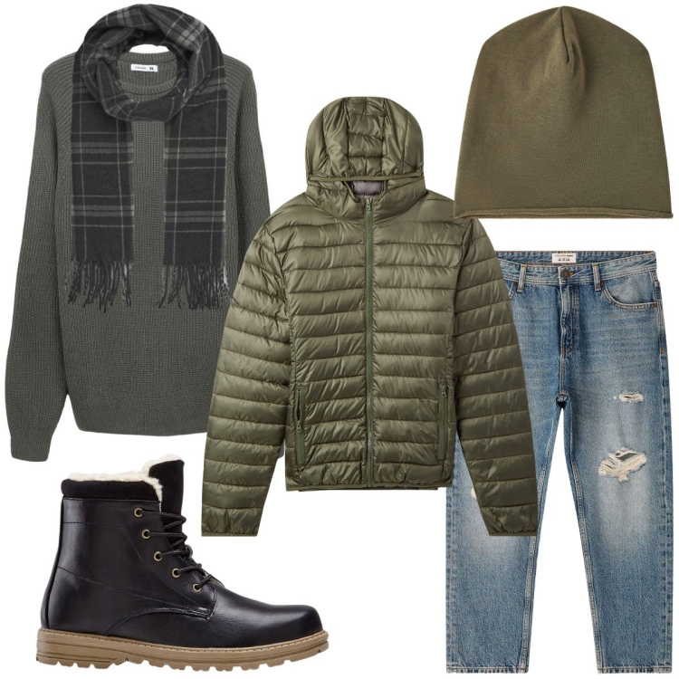 Outfit uomo - Total look #2255047. Stile Casual per Tutti i giorni. Abbinamento con stivali e stivaletti, piumini, jeans strappati, maglieria, sciarpe, berretti.