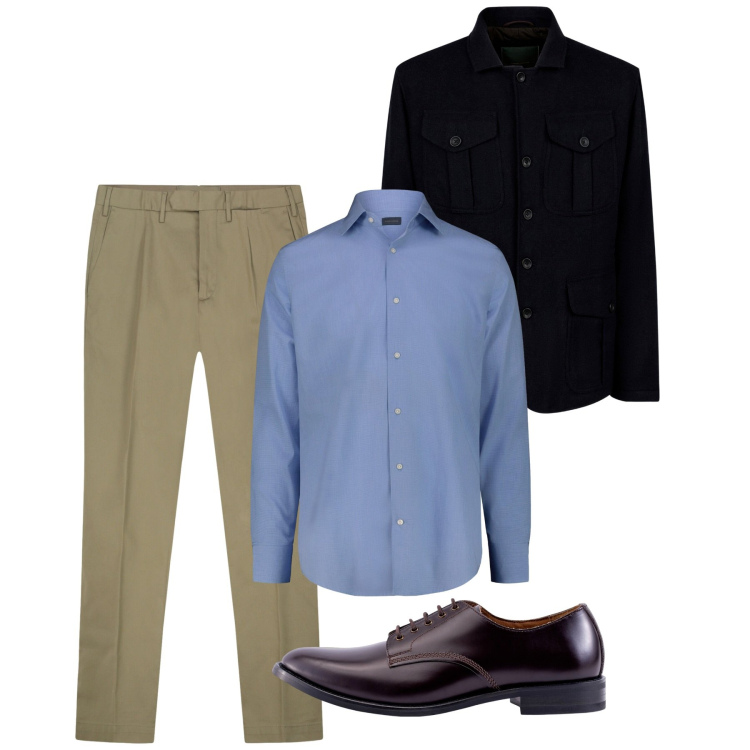 Outfit uomo - Fall. Stile Casual per Tutti i giorni. Abbinamento con giacche, scarpe stringate, camicie, pantaloni.