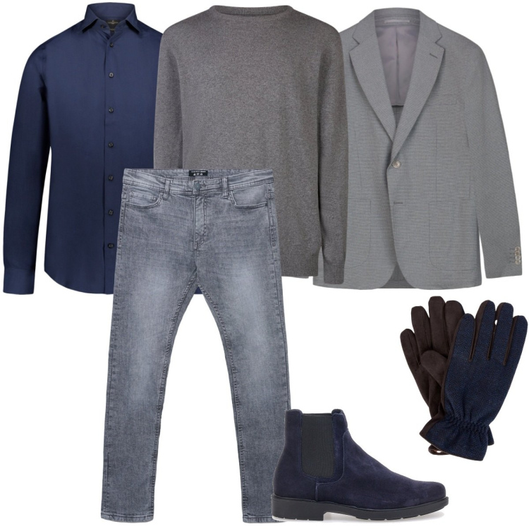 Outfit uomo - Blu e grigio informale. Stile Casual per Ufficio. Abbinamento con jeans skinny, maglieria, stivali e stivaletti, giacche, camicie, guanti.