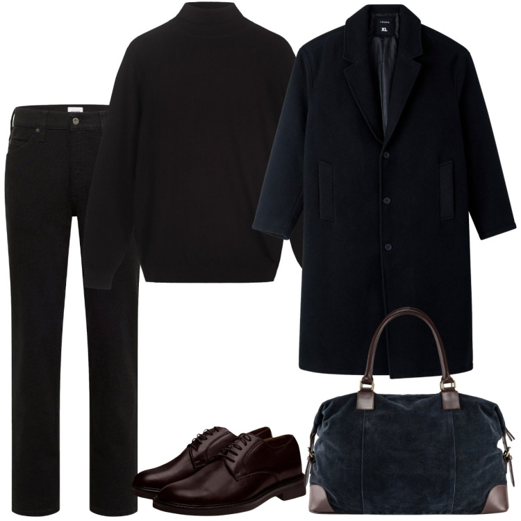 Outfit uomo - Total black. Stile Trendy per Serata speciale. Abbinamento con jeans dritti, cappotti, scarpe stringate, maglieria, borse sportive.