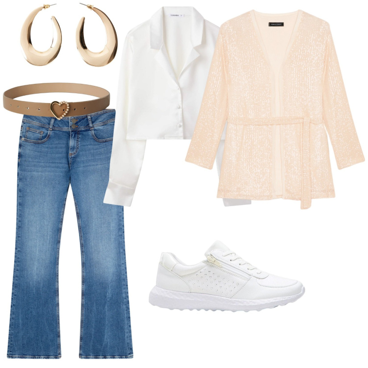 Outfit donna - Ordinata anche in casa. per Tutti i giorni. Abbinamento con orecchini, sneakers, camicie, cinture, jeans a zampa, blazer.