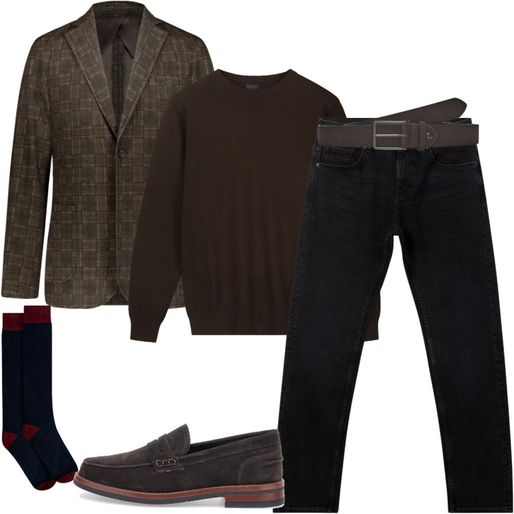 Outfit uomo - Total look #2255067. Stile Trendy per Serata speciale. Abbinamento con jeans, cinture, giacche, maglieria, calzini, scarpe stringate.