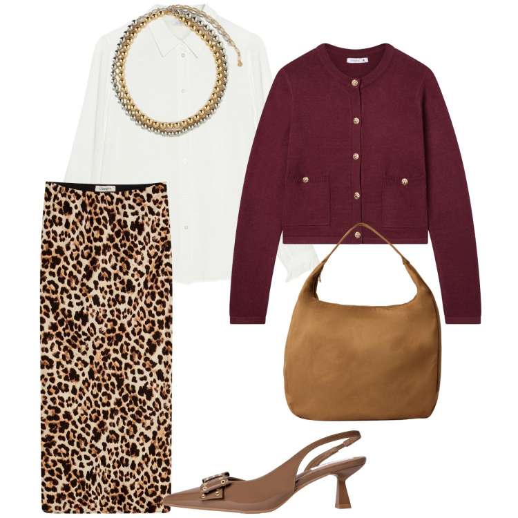 Outfit donna - In banca. per Ufficio. Abbinamento con gonne longuette, borse a mano, cardigans, décolleté, collane, camicie.