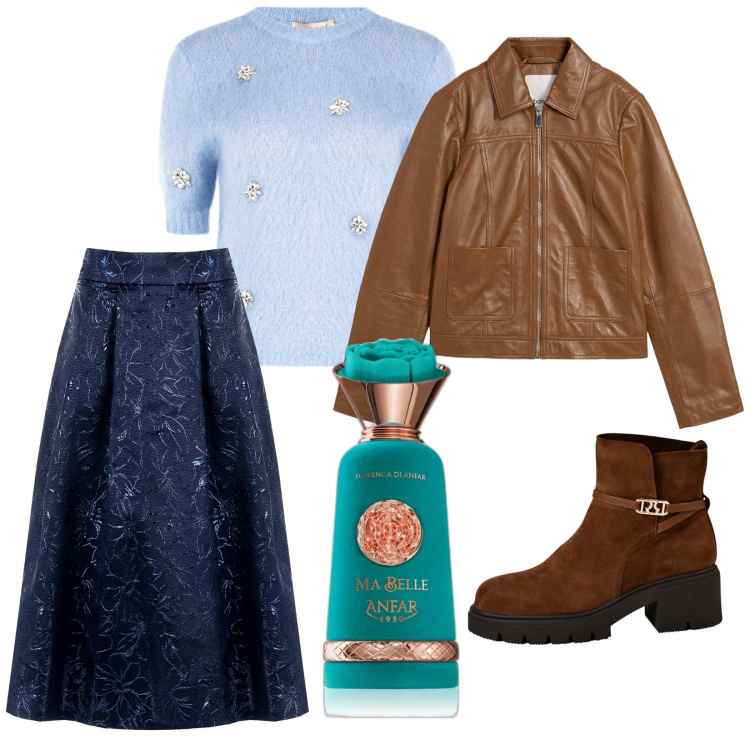 Outfit donna - Profumo di giorno. per Ufficio. Abbinamento con blazer, profumi, maglieria, stivaletti, gonne longuette.