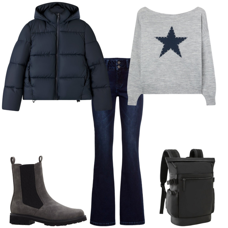 Outfit donna - Total look #2255084. Stile Urban per Scuola/Università. Abbinamento con jeans bootcut, stivaletti chelsea, zaini, bomber, maglieria.
