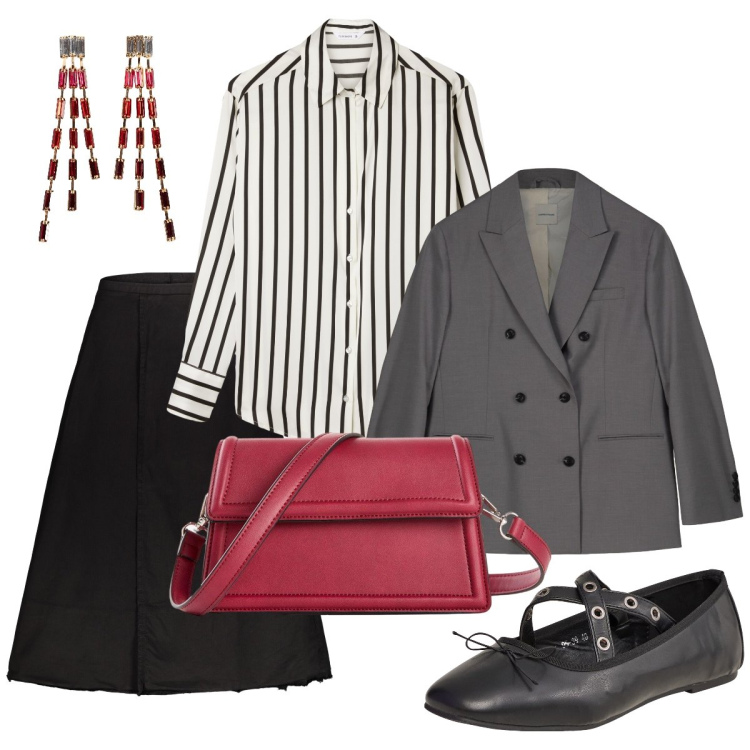 Outfit donna - In ufficio ad ottobre. Stile Bon Ton per Ufficio. Abbinamento con orecchini, borse a tracolla, ballerine, camicie, gonne lunghe, blazer.